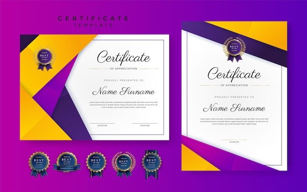 Modern purple yellow certificate of achievement border template with luxury badge and modern line pattern For award business and education needs