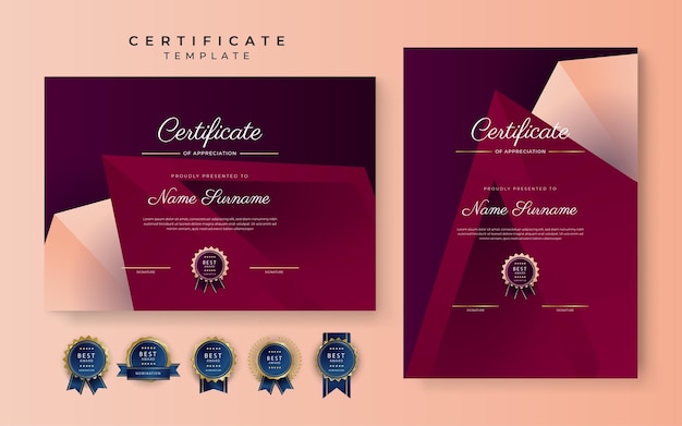 Modern red certificate of achievement border template with luxury badge and modern line pattern For award business and education needs