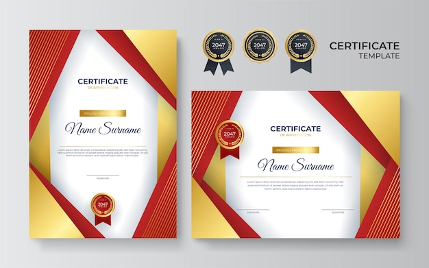 Modern red certificate template and border for award diploma and printing Red and gold elegant certificate of achievement template with gold badge and border