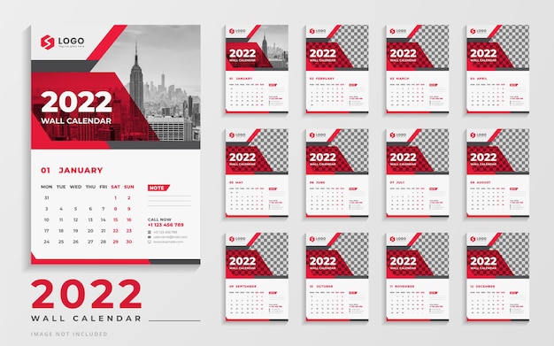 Modern Red Color 2022 Wall Calendar Design