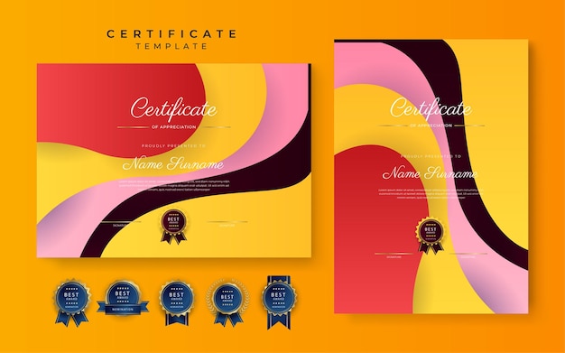 Modern red orange yellow certificate of achievement border template with luxury badge and modern line pattern For award business and education needs