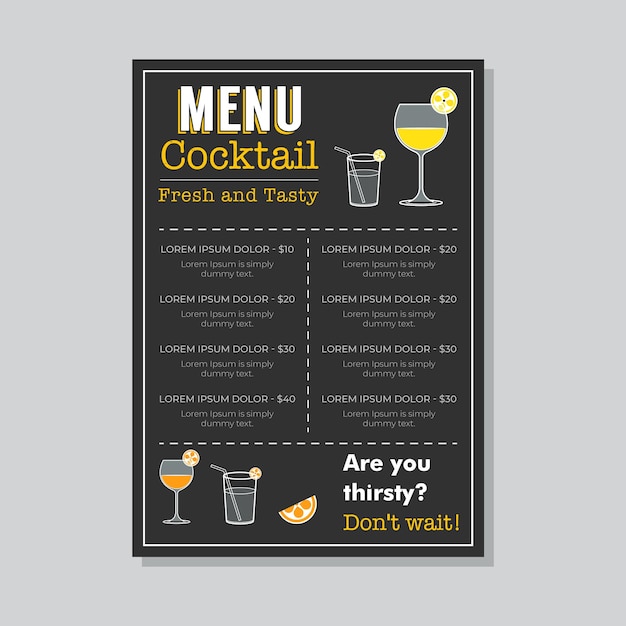 Modern restaurant cocktail menu card design for juice menu in sketch style