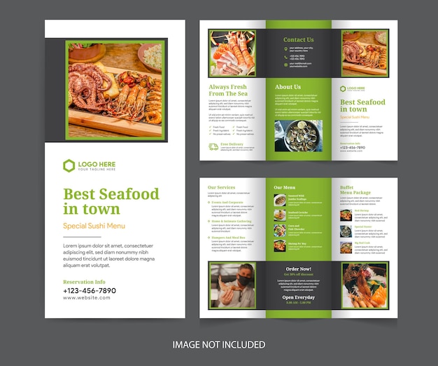 Modern restaurant tri-fold brochure and seafood menu design template.