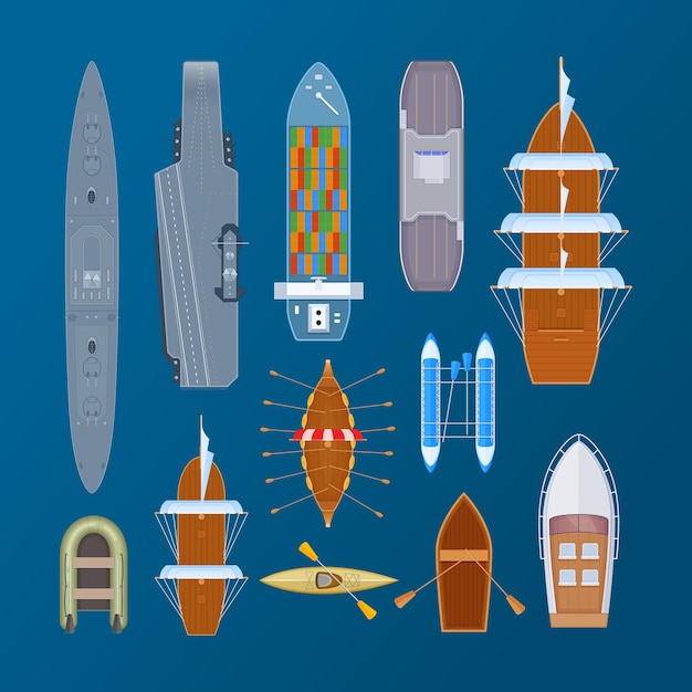 Modern retro water transport set top view. Yacht, wooden fishing boat, steamship, cruise pirate ship