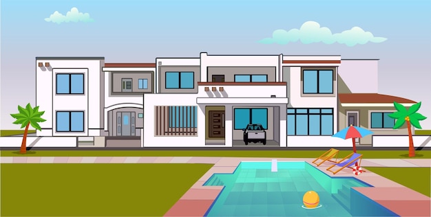 Modern rich house real estate in flat style vector cartoon background illustration.