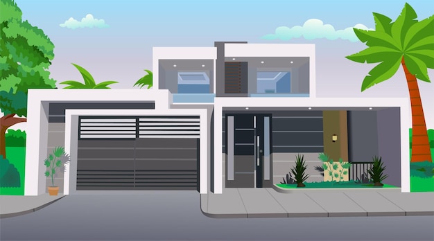 Modern rich house real estate in flat style vector cartoon background illustration.