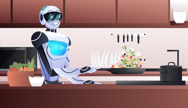 Vector modern robot preparing healthy vegetables salad at kitchen artificial intelligence technology concept