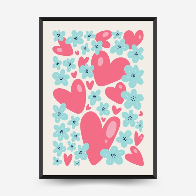 Modern Romantic vertical flyer or poster template. Love wall art hand drawn trendy illustration.