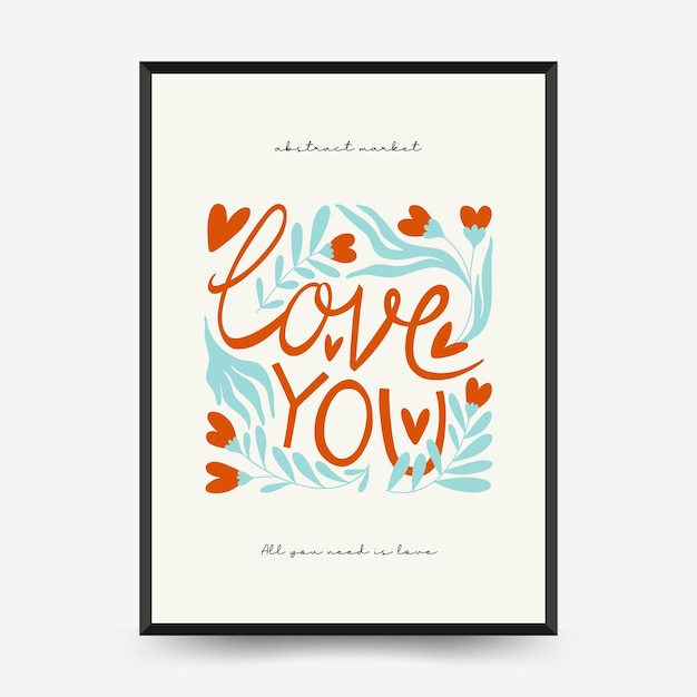 Modern Romantic vertical flyer or poster template. Love wall art hand drawn trendy illustration.