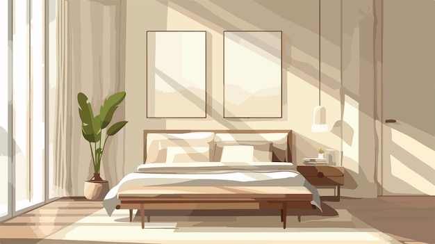 Vector modern room interior with large bed and bench