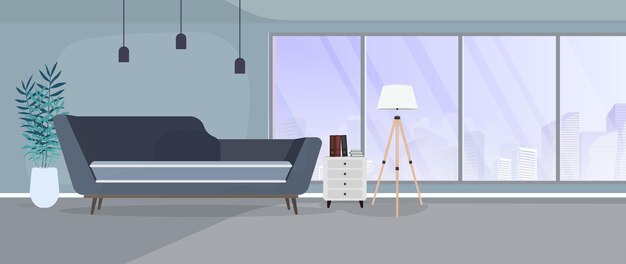 Vector modern room with large windows. sofa, stand with books, floor lamp, houseplant, panoramic windows, room, office.  illustration.