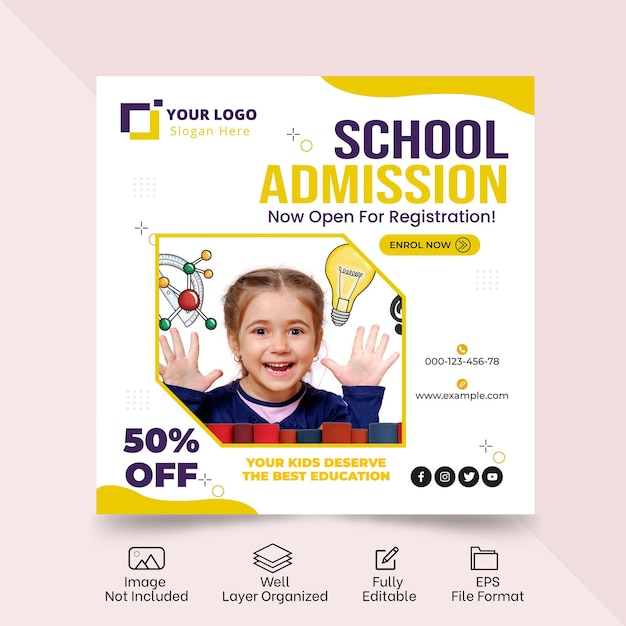 Modern school admission banner for social media post template or modern school admission banner