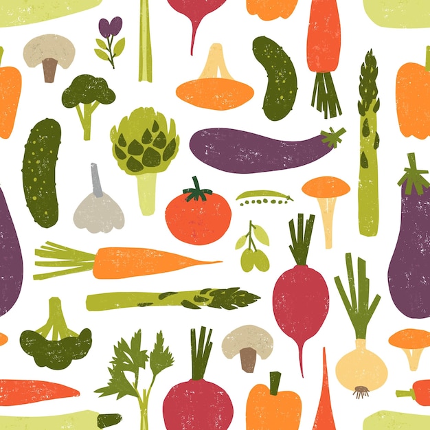 Modern seamless pattern with delicious vegetables or harvested crops on black background. Backdrop with healthy vegetarian food products. Vector illustration for textile print, wrapping paper.