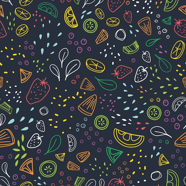 Modern seamless pattern with pieces of delicious vegetables, tropical fruits and berries drawn with colorful outlines