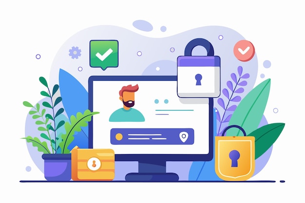 Vector a modern secure login interface featuring a computer display padlocks and vibrant plants secure login customizable semi flat illustration