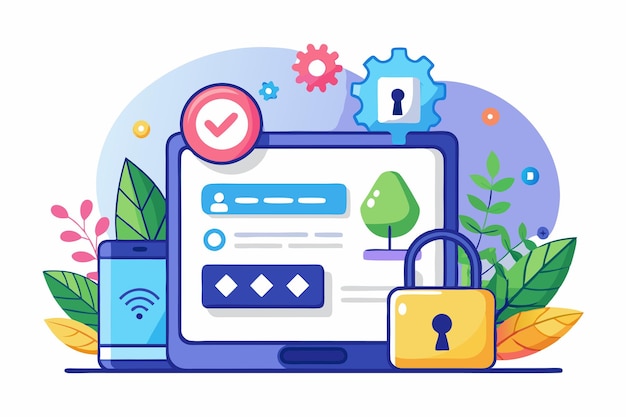 Vector a modern secure login interface with customizable options displayed alongside a mobile device secure login customizable semi flat illustration