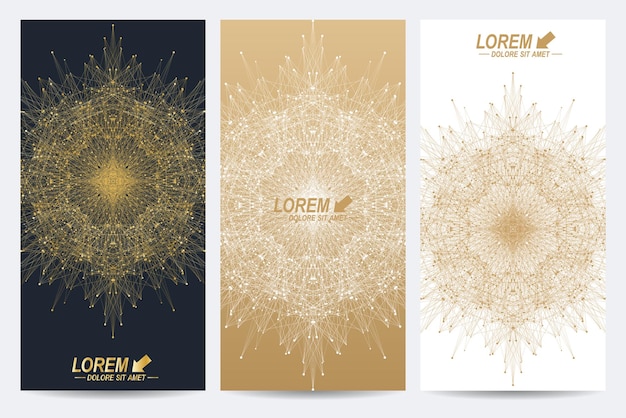 Modern set of vector flyers Geometric abstract presentation with golden mandala Molecule and communication background for medicine science technology chemistry