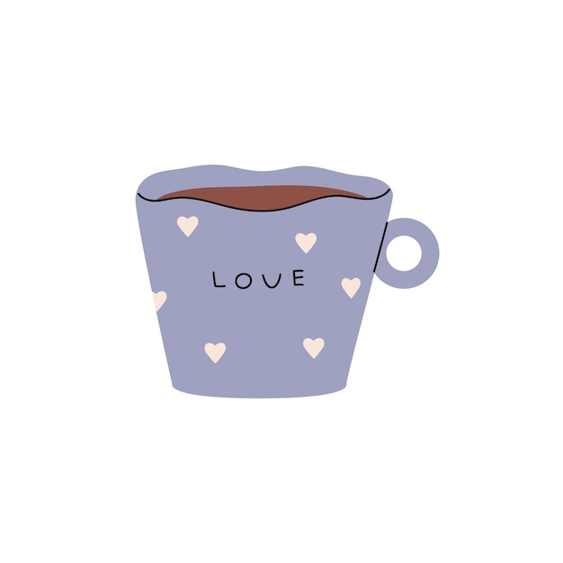 Vector modern shape gray cup of coffee design of cute pottery mug with heart signs inscription love decorated teacup for hot drinks tea beverages flat isolated vector illustration on white background