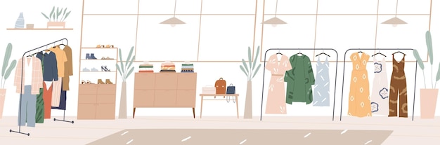 Modern showroom interior with fashion accessories and clothes on hanger racks and shelves. Inside empty boutique shop with furniture and stuff. Horizontal flat vector illustration of retail store.