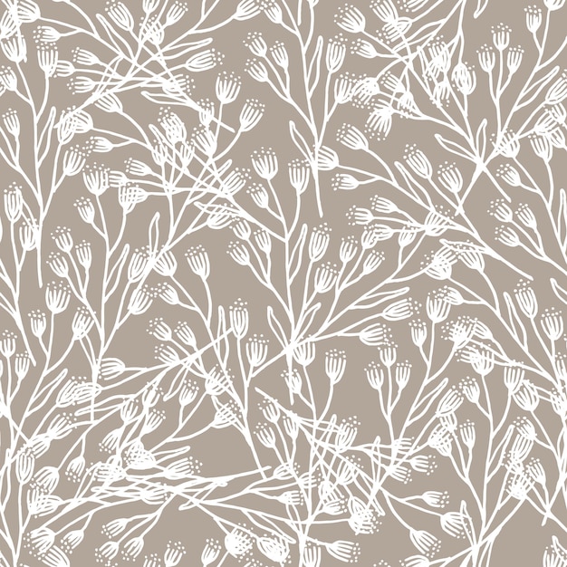 Modern simple vector seamless pattern with white flowers line texture on beige background Light brown abstract floral wallpaper