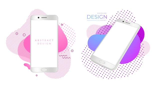 Vector modern smartphone mockup. realistic white phones, mobile gadgets on bright abstract shapes. advertising design elements, screen gadget advertising, display technology. vector illustration