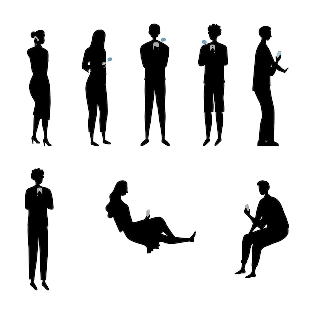 Modern Society Concept. Set Of Silhouettes Of People Men And Women With Gadgets And Using Smartphones, Tablets For Entertainment And To Find Informations On Internet. 