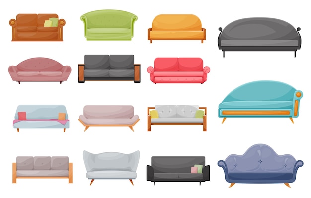 Modern sofa, classic or retro couch cartoon set.