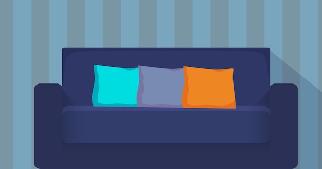 Modern sofa with colorful pillows Cozy couch Flat vector illustration