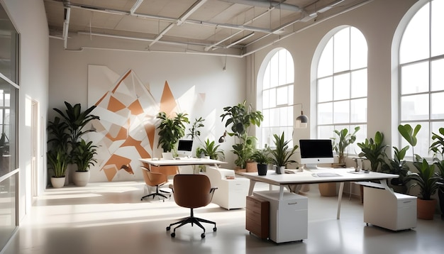 Vector a modern spacious office with large arched windows minimalist desks and plenty of natural light streaming in accented with greenery for a fresh and inviting atmosphere