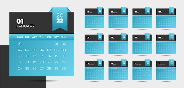 Modern style 2022 new year calendar design in ribbon style