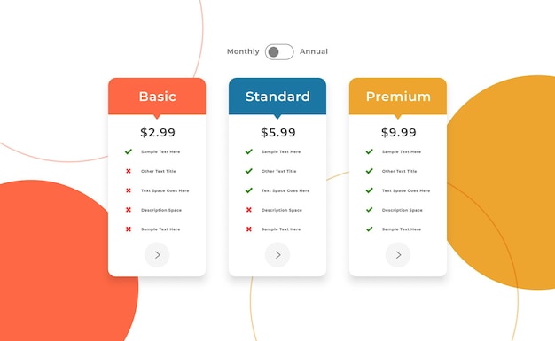 Vector modern style subscription plan chart template for uiux app