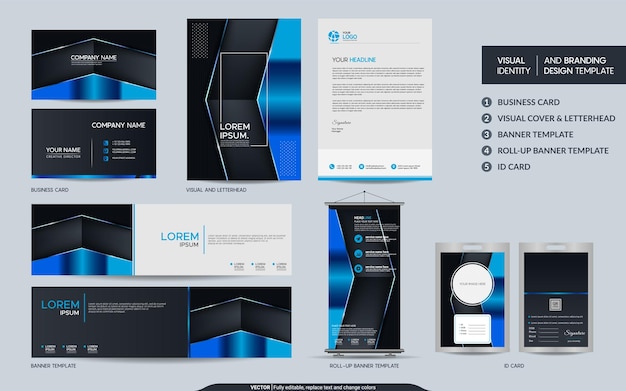 Modern Stylish Blue Metallic mock up set and visual brand identity with abstract overlap layers background Vector illustration mock up for branding cover card product event banner website