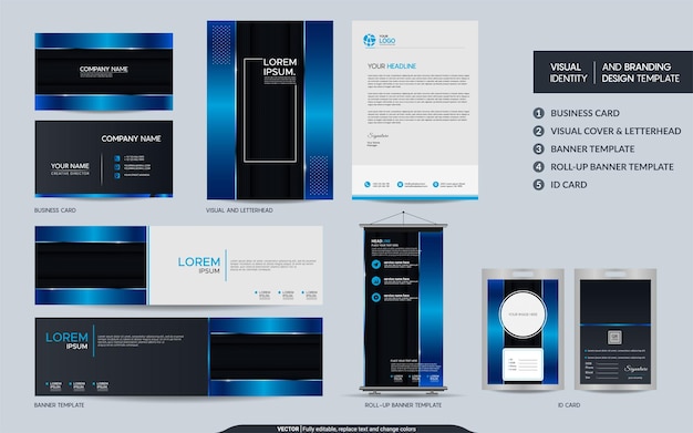 Modern Stylish Blue Metallic mock up set and visual brand identity with abstract overlap layers background Vector illustration mock up for branding cover card product event banner website