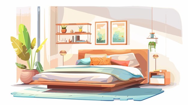 Modern Stylish Light Bedroom Interior Vector Illustration