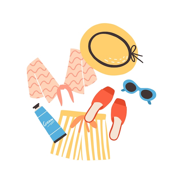 Vector modern summer composition with beachwear, sunglasses and sunscreen.