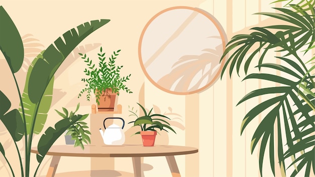 Vector modern table with teapot houseplants and mirror near beige wall