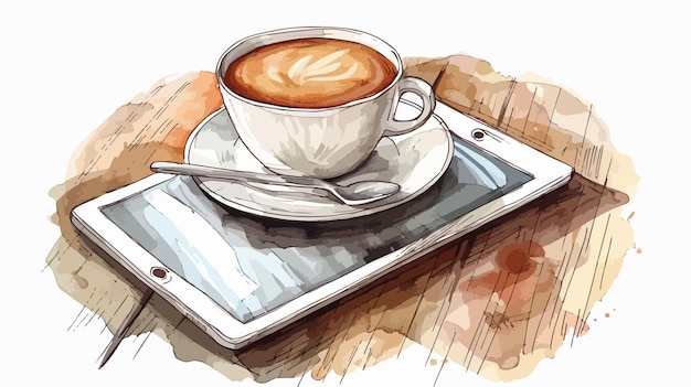 Vector modern tablet pc with coffee cup on wooden table hand drawn vector illustration