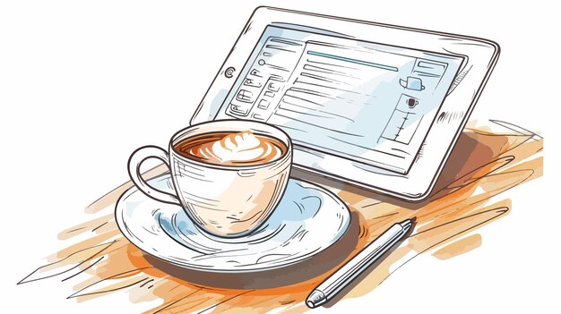 Vector modern tablet pc with cup of coffee and keyboard on table in home office setting