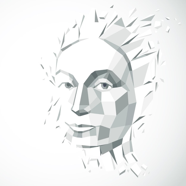 Vector modern technological illustration of personality, 3d vector gray portrait. intelligence metaphor, low poly face with splinters which fall apart, head exploding with ideas, thoughts and imagination.