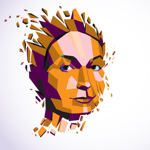 Vector modern technological illustration of personality, 3d vector portrait. intelligence metaphor, low poly face with splinters which fall apart, head exploding with ideas, thoughts and imagination.