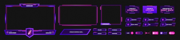 The modern theme for twitch screen panel . The overlay frame set design template for games streaming. Vector violet and pink futuristic design.