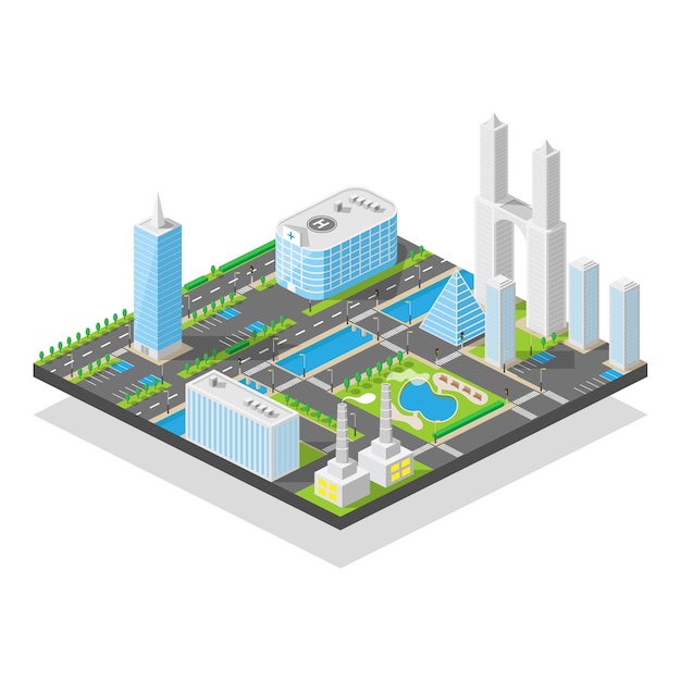 Modern Three-dimensional City Isometric, Skyscrapers office streets with urban traffic and trees in nature park,  illustration