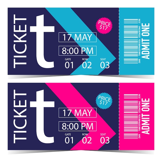 Modern ticket design template with bar code on detachable part in pink and blue colours