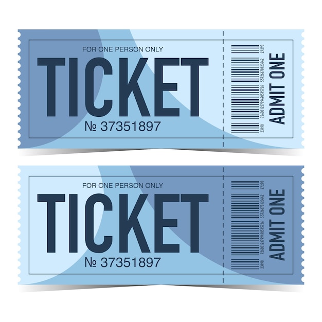 Modern ticket template in blue and cyan colours with tearoff or detachable part and barcode