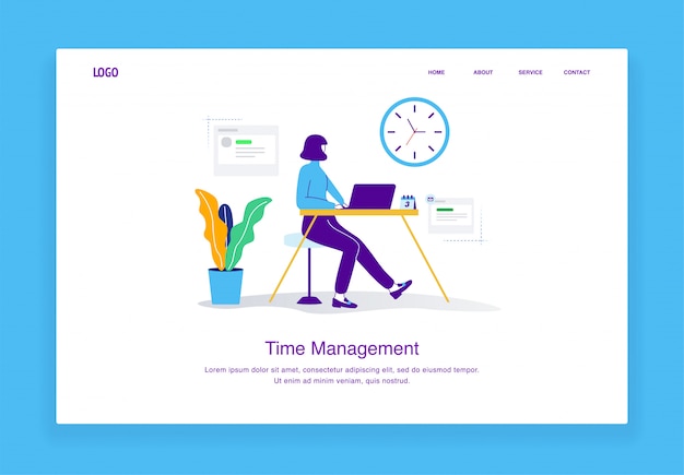 Modern  time management illustration concept of woman sitting at a desk looking at the clock for landing page template