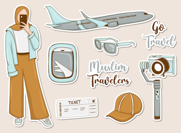 Modern Travel Stickers Set with muslim girl and some elements