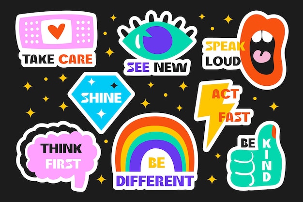 Modern trendy stickers set with motivational phrases Eye mouth brain flash like diamond