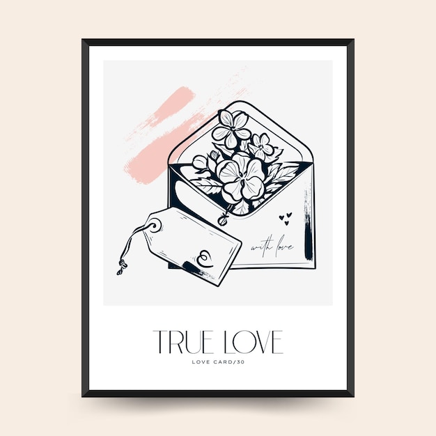 Modern Valentines day vertical flyer or poster template Love hand drawn trendy illustration