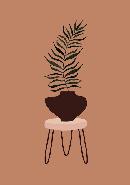 Modern vase with tropical leaves on a table