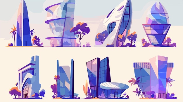 Modern Vector Architectural Collection of Futuristic Buildings in Stylish Design